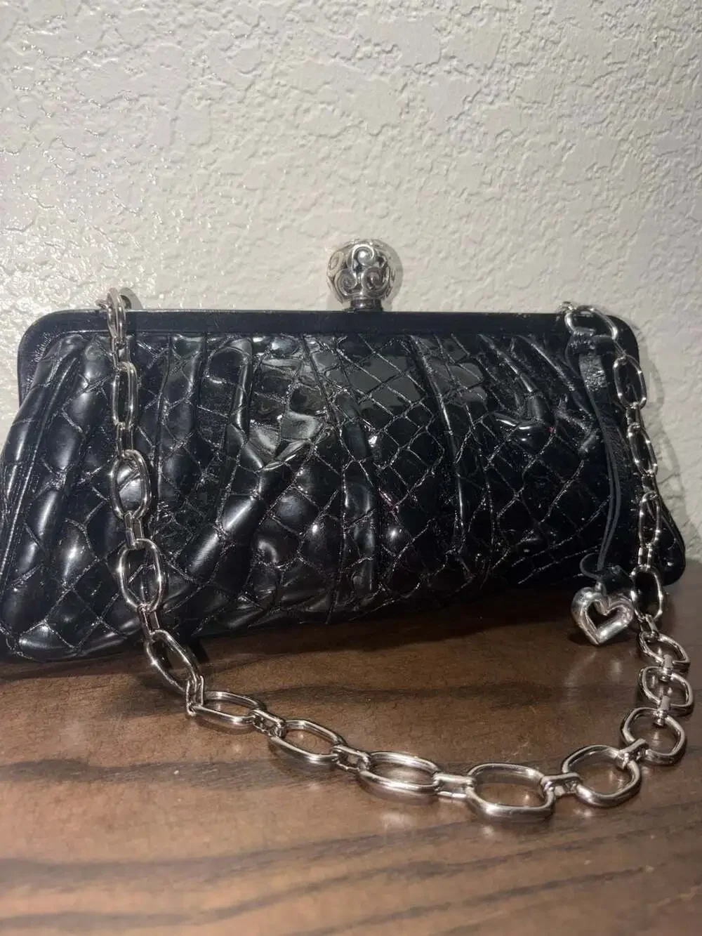 Brighton Black Patent Croc-Embossed Frame Clutch with Chain Strap